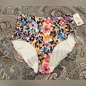 NWT Women’s ANNE COLE Floral High-Waisted Ruched Side Bikini Bottoms (XL)